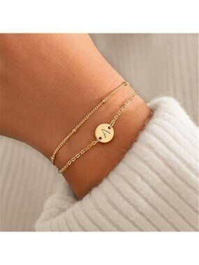 Gold Initial Bracelet 18K Gold Plated Letter Bracelet Dainty Chain Adjustable
